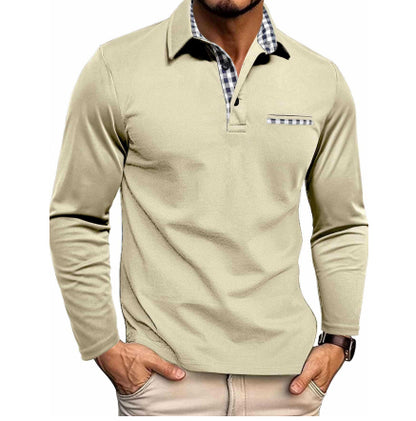 Men's Plaid Trim Long Sleeve Polo Shirt