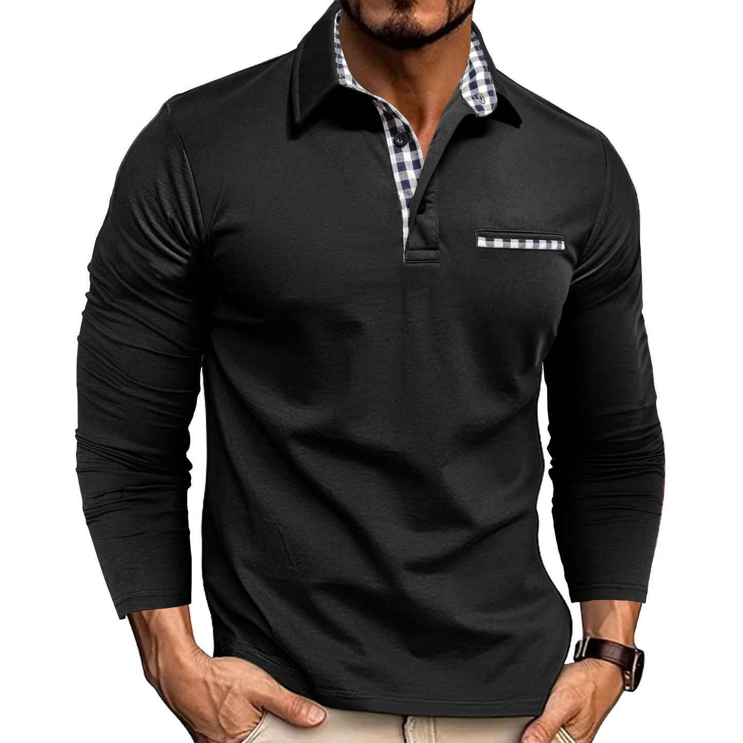 Men's Plaid Trim Long Sleeve Polo Shirt
