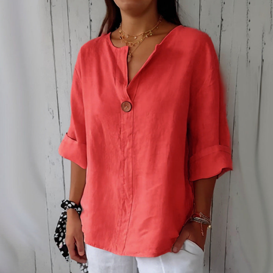 Relaxed V‑Neck Cotton‑Linen Long‑Sleeve Top