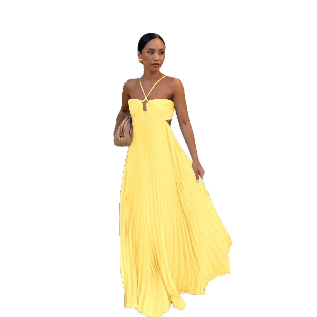 Pleated High‑Waist Halter Dress with Cut‑Out