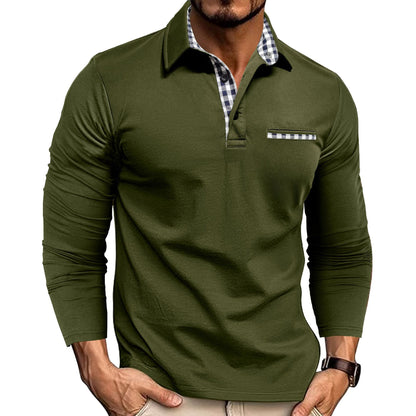 Men's Plaid Trim Long Sleeve Polo Shirt