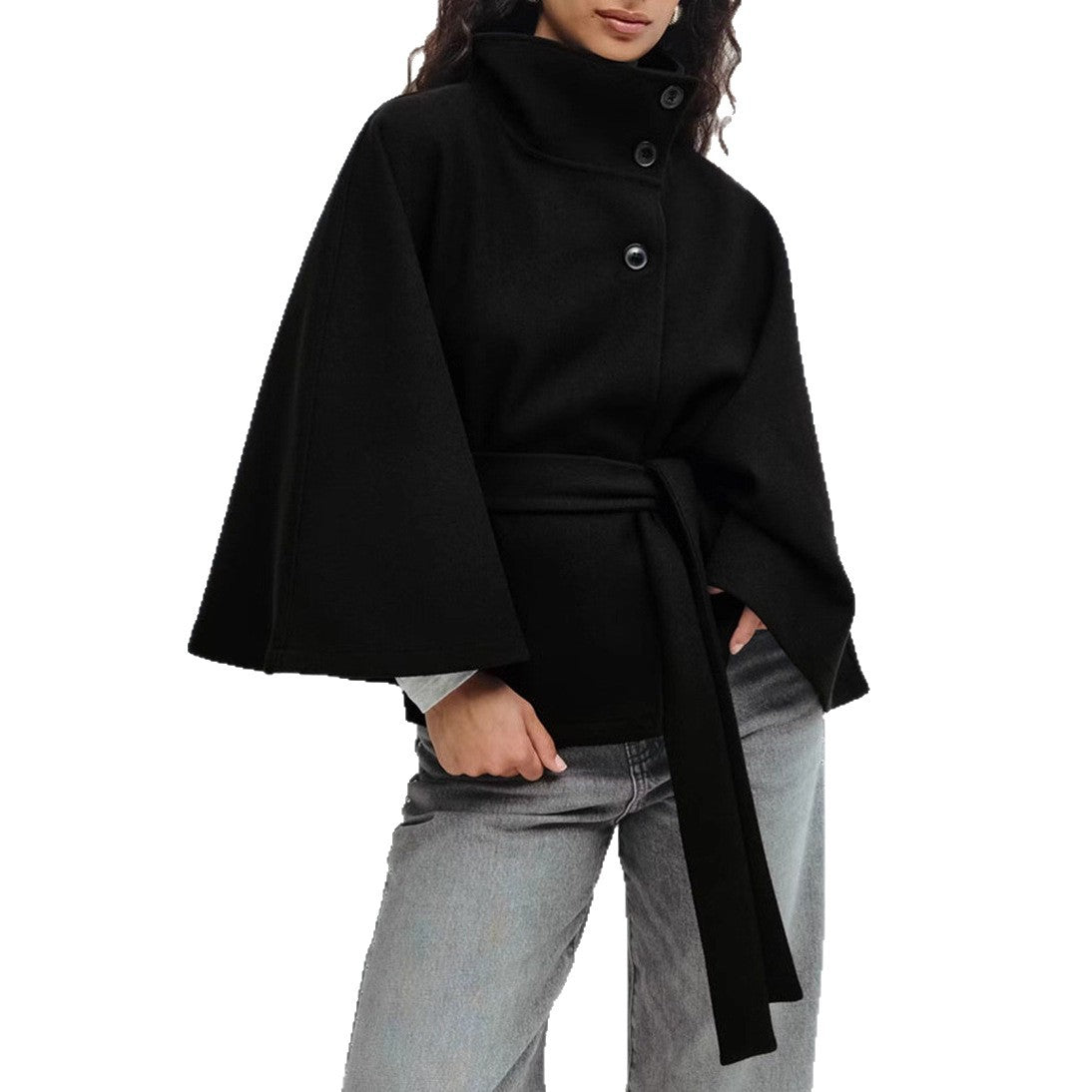 Women's High Neck Belted Cape Coat