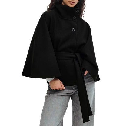 Women's High Neck Belted Cape Coat