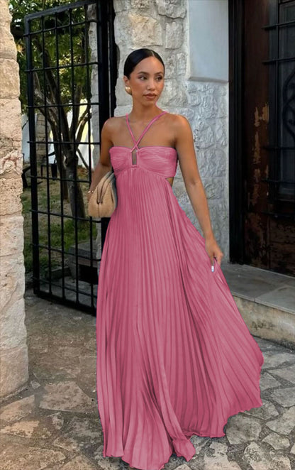 Pleated High‑Waist Halter Dress with Cut‑Out